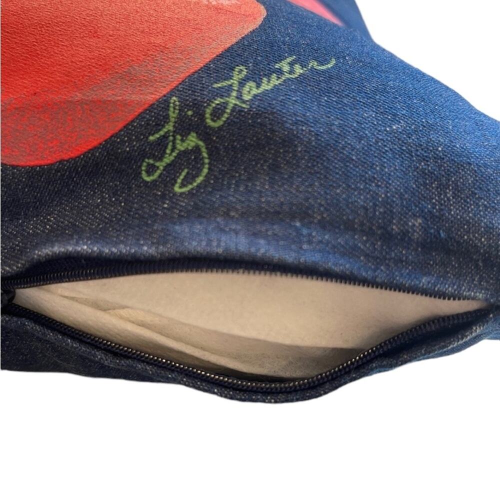 Decorative Handpainted Square Denim Blue Red Apple Pillow by Artist Liz Lauter - Picture 5 of 8